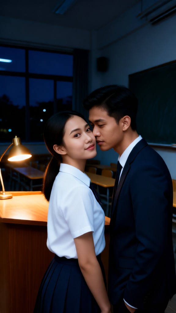 教室の教壇でほとんどキスをする image
