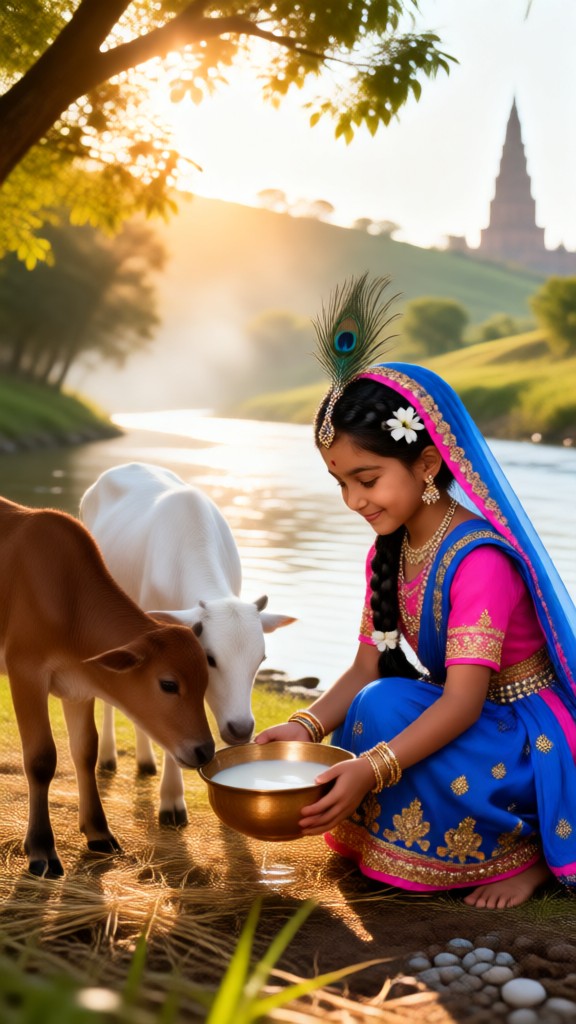 An Indian girl feeding a calf image