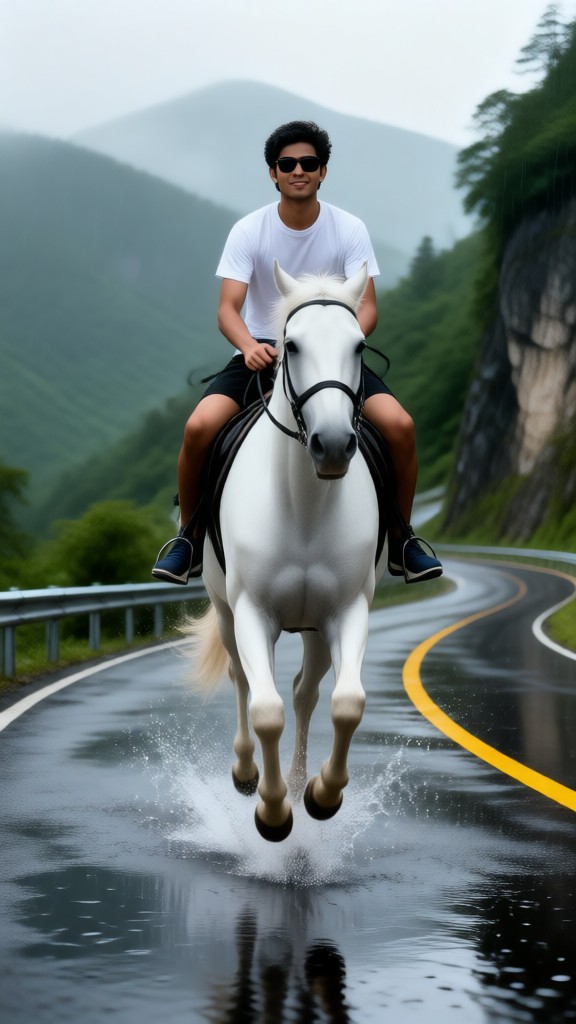 A Cool Bloke Riding a Horse in the Rain image