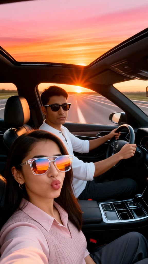 Couple's sunset selfie in car image
