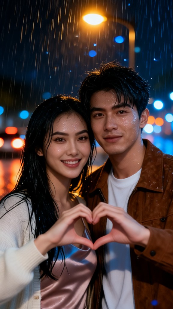 A couple posing with their hands in a heart shape during the rainy season image