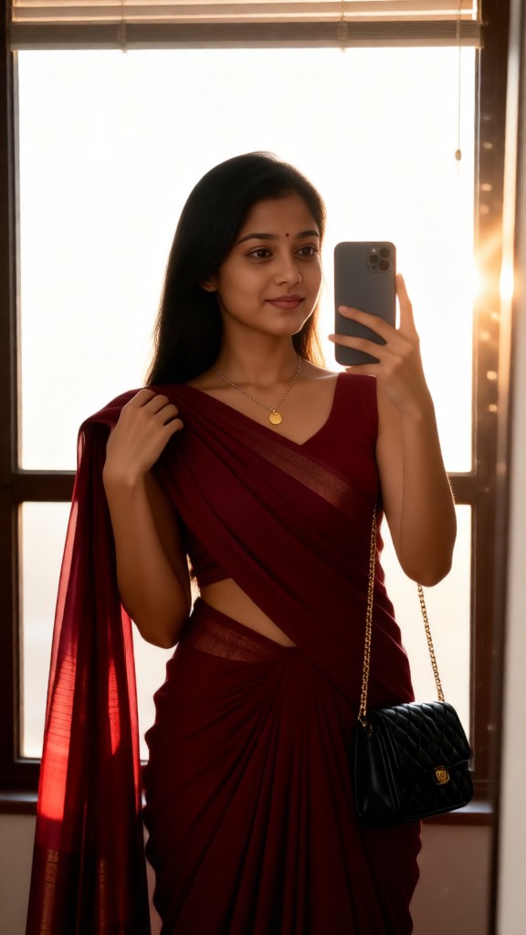 A woman in a red sari taking a selfie in front of a mirror image