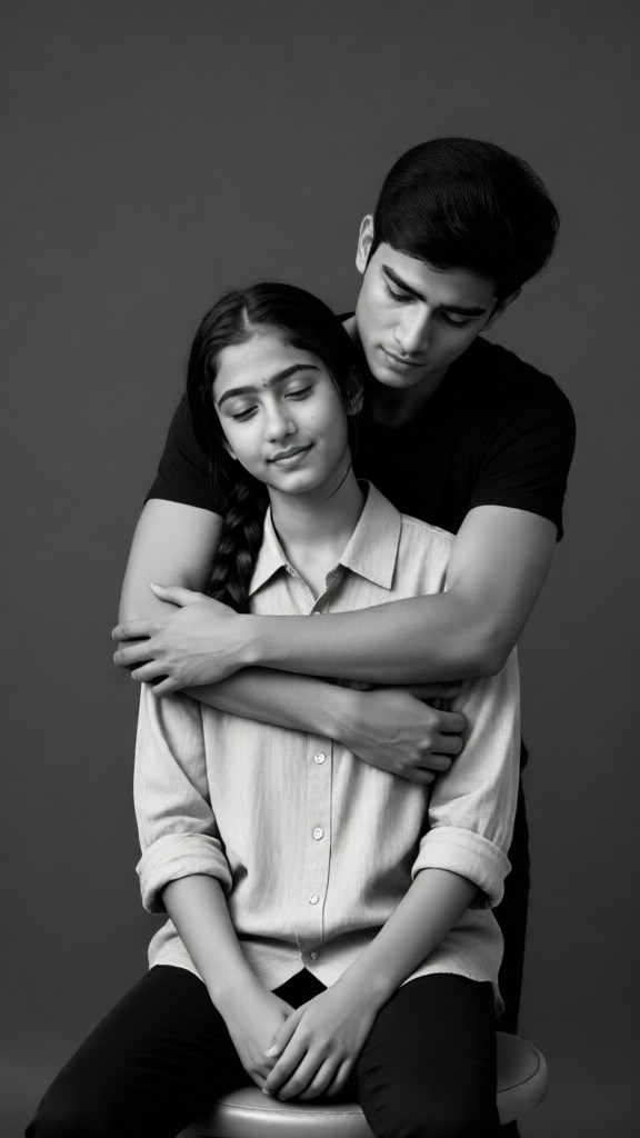 Black and white image of a couple embracing. image
