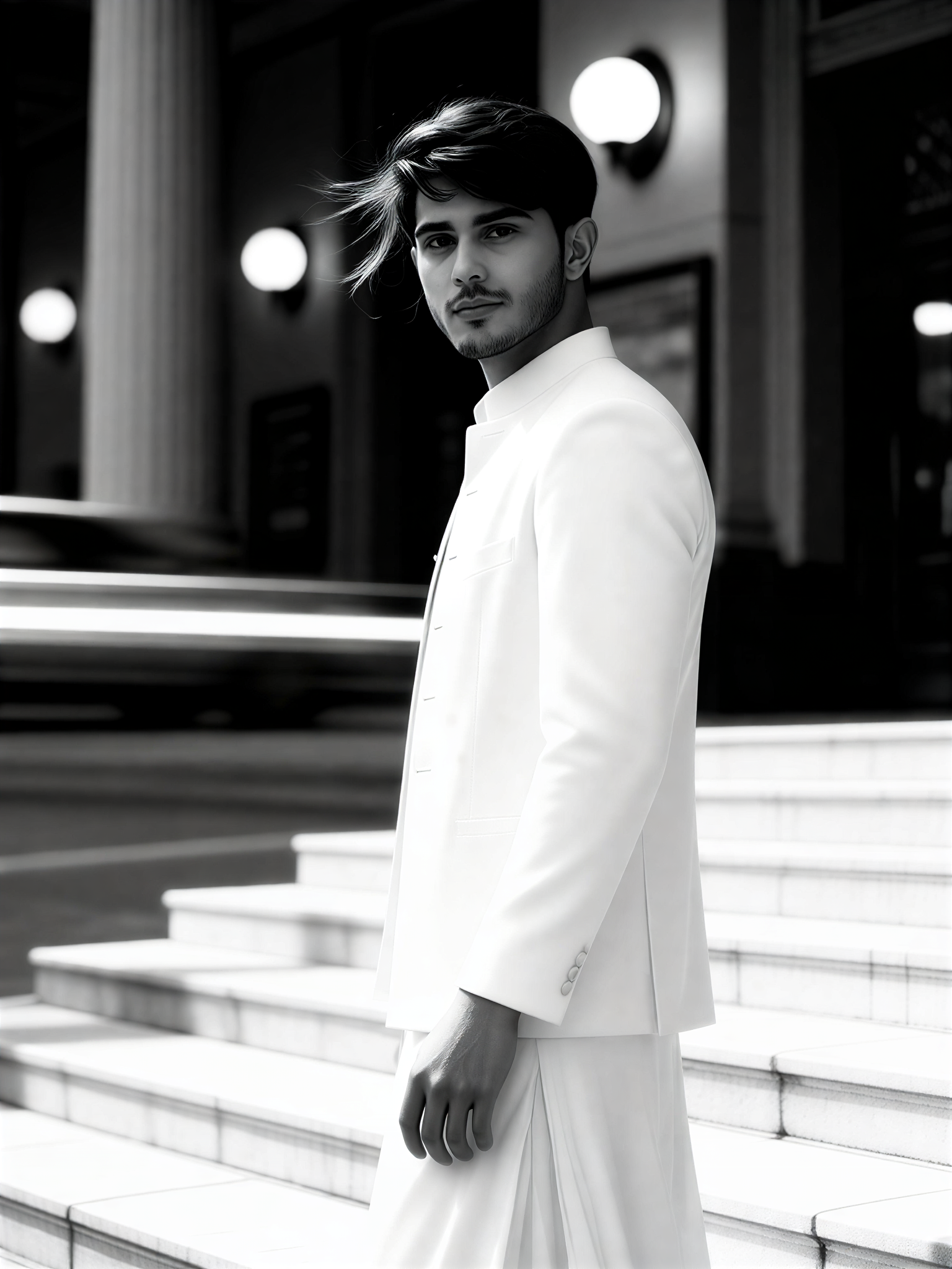 A light smile in front of the theater steps image