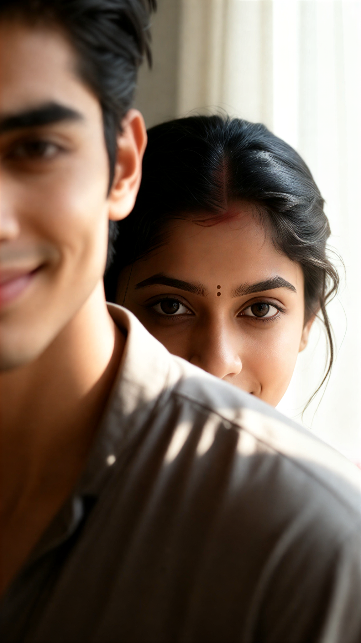 Double portrait with faces partially covered image