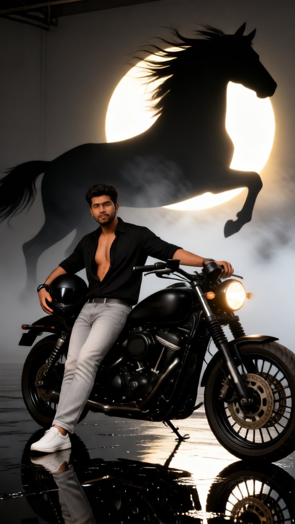 Handsome Motorcycle Man and a Horse image