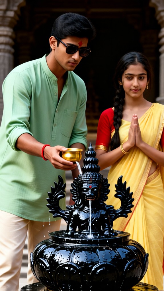 A couple watering plants and offering prayers in the backlight. image