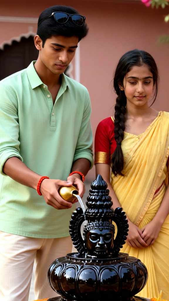 A couple watering plants and offering prayers in the backlight. image
