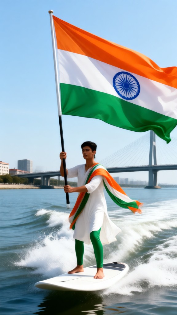Surfing with a tricolor Indian flag on the water image