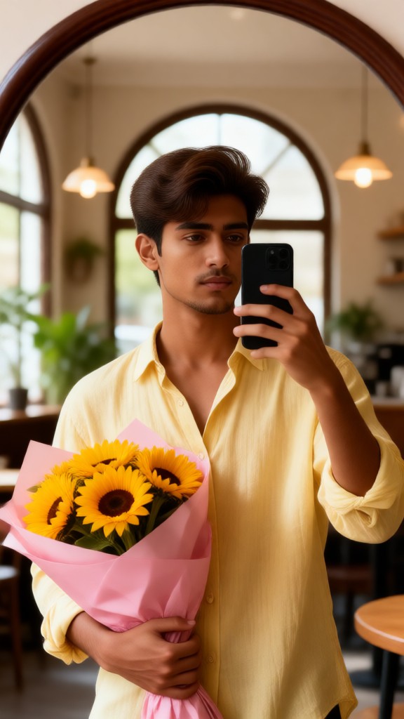 Nehmen Sie ein Spiegel-Selfie, während Sie Sonnenblumen halten image