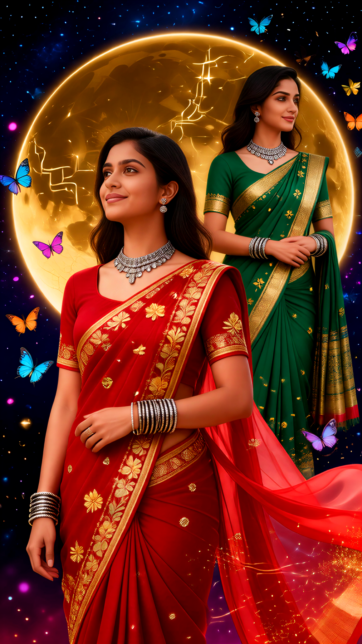Red and Green Butterfly Sari image