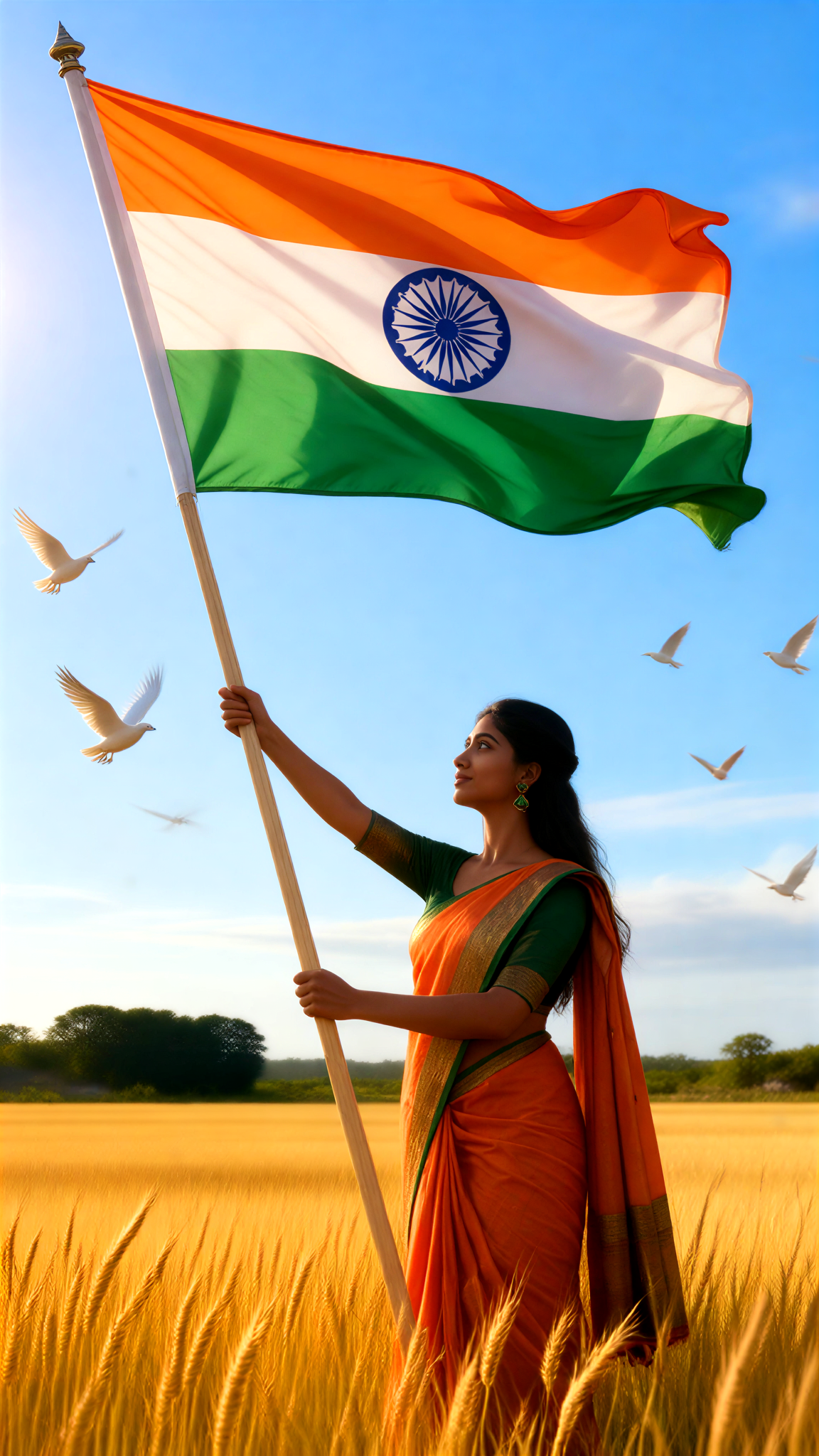 Waving the national flag on India's Independence Day image