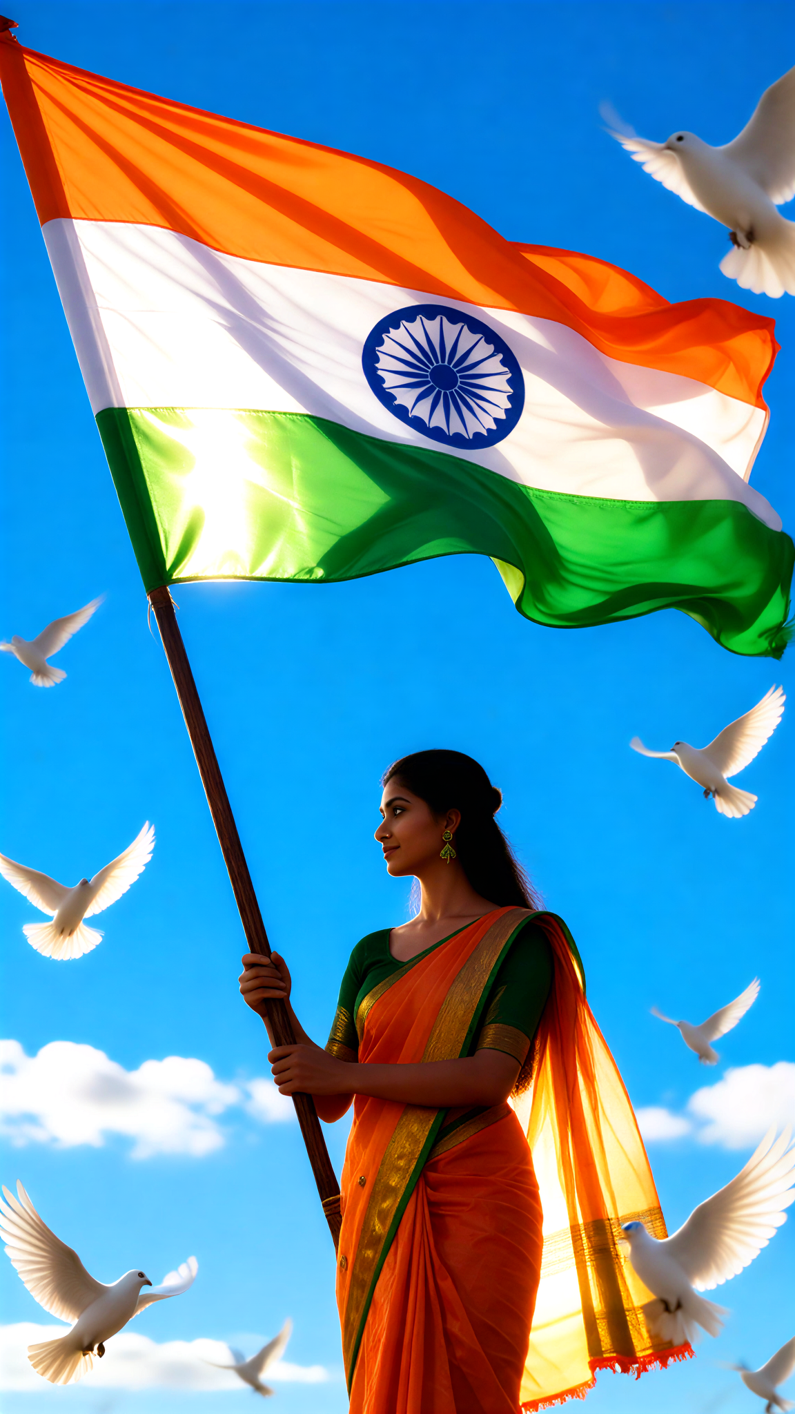 Waving the national flag on India's Independence Day image