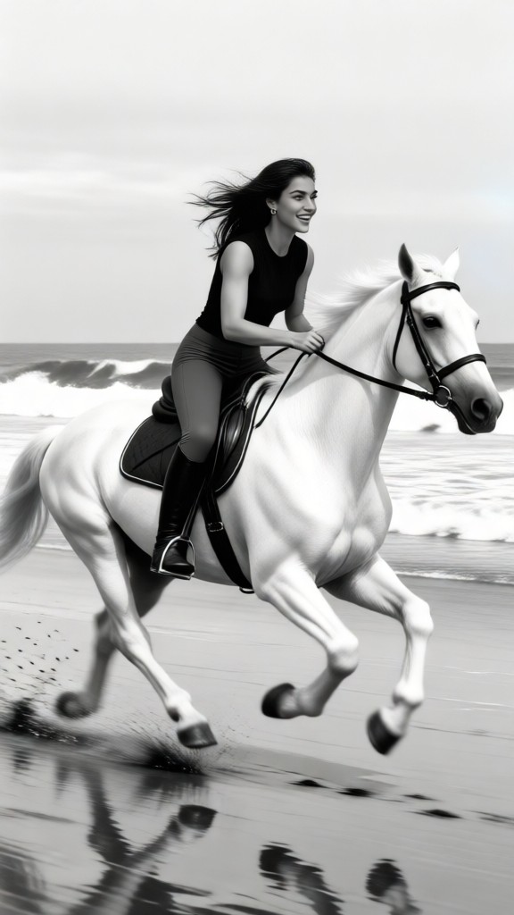 Woman riding a horse by the sea-TU image