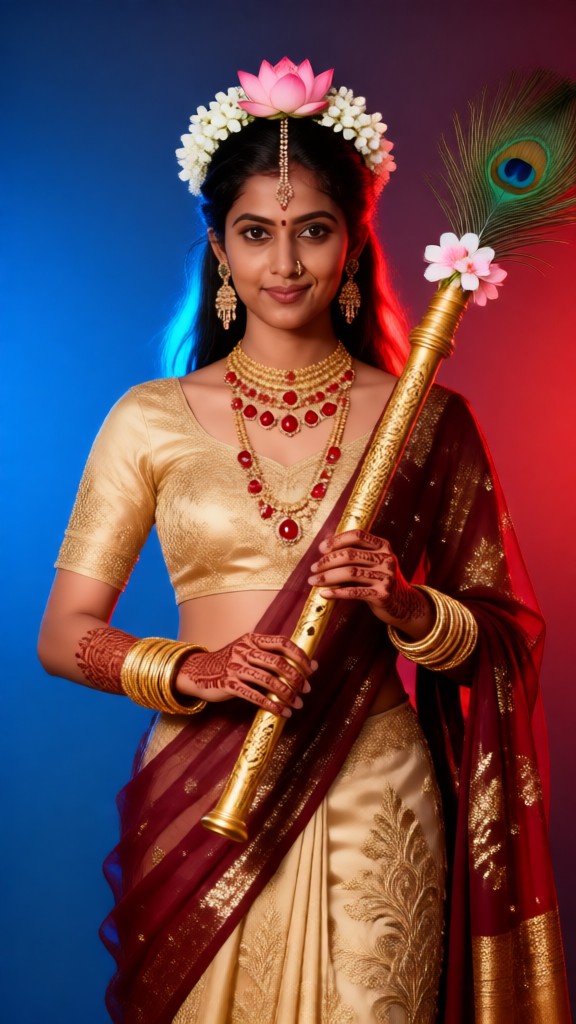Red and blue background bamboo flute girl image