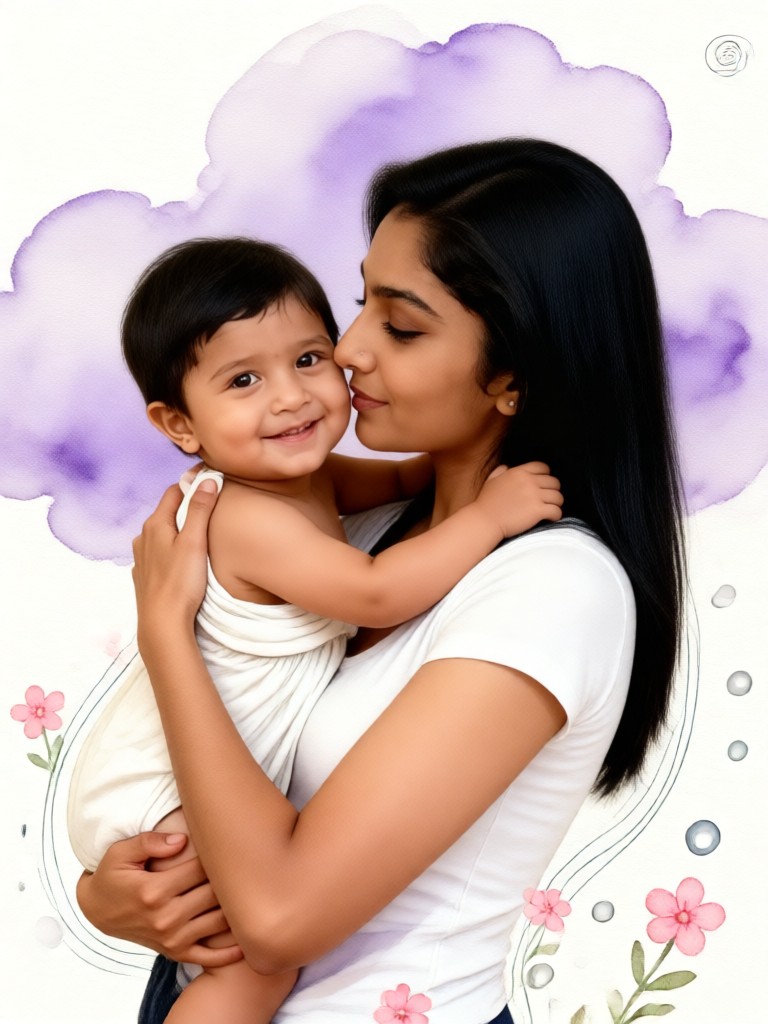 A watercolor depiction of a mother and child embracing. image