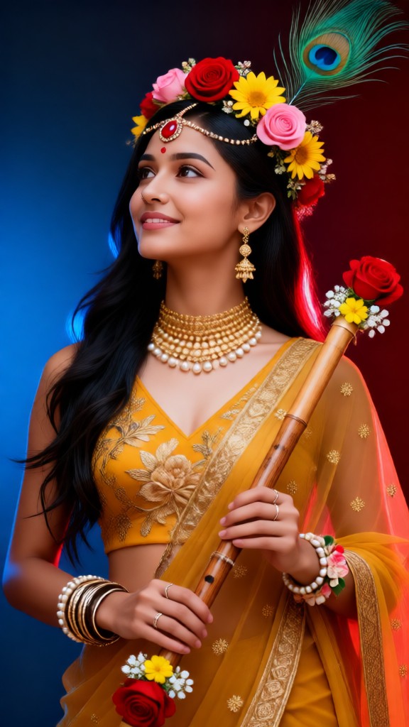 Red and blue background bamboo flute girl image