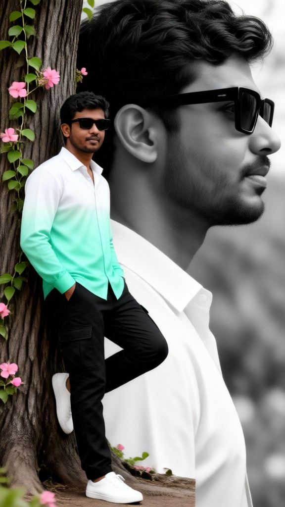 Posing coolly by a tree – double exposure image