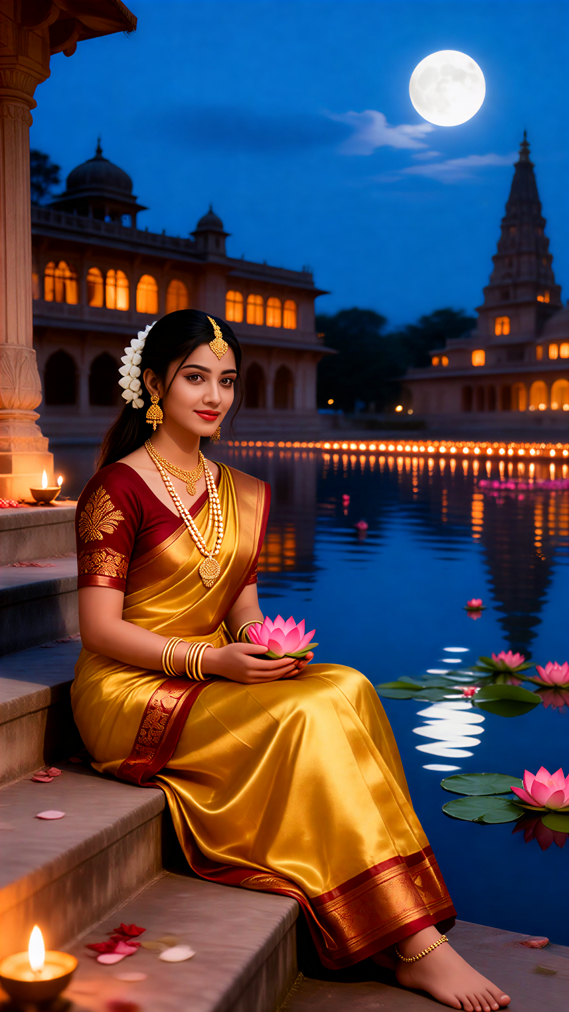Wearing a sari and praying for blessings with lotus flowers by the river image