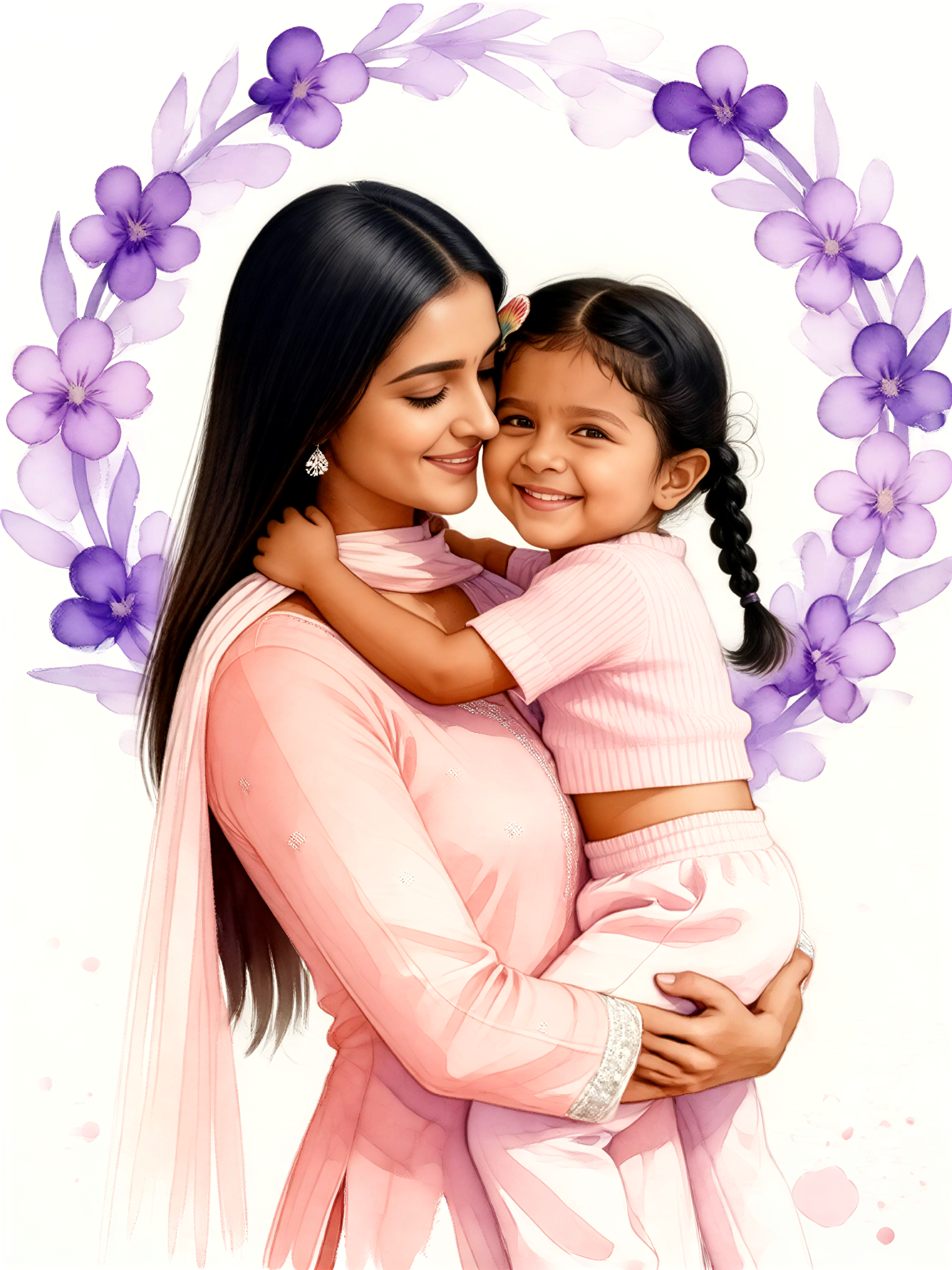 A mother and daughter embracing with watercolors. image
