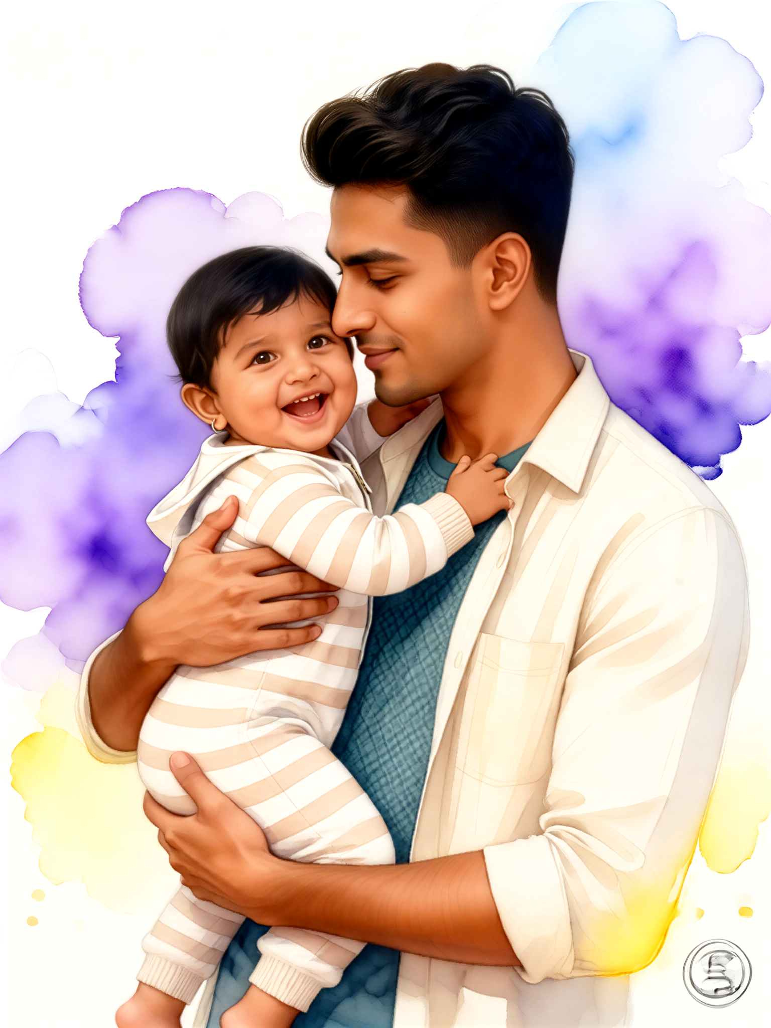 A father and son embracing with watercolors. image