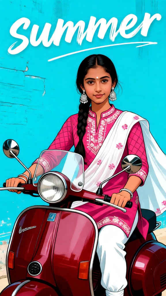 Illustration of a person with a vintage red scooter image