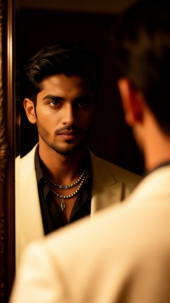 Handsome Emotional Man looks in the mirror image