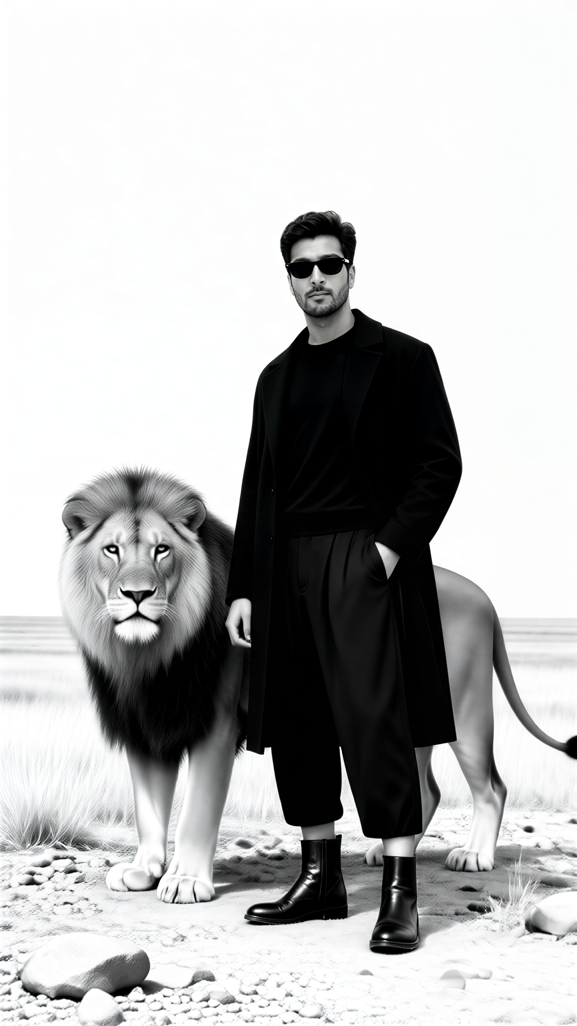 Black-and-White Grassland Lion Photo Shoot image