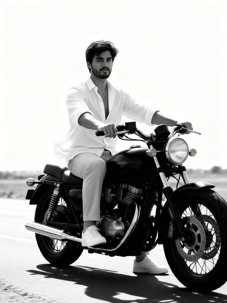 Ein schwarz-weißer Fahrer auf einem Motorrad. image