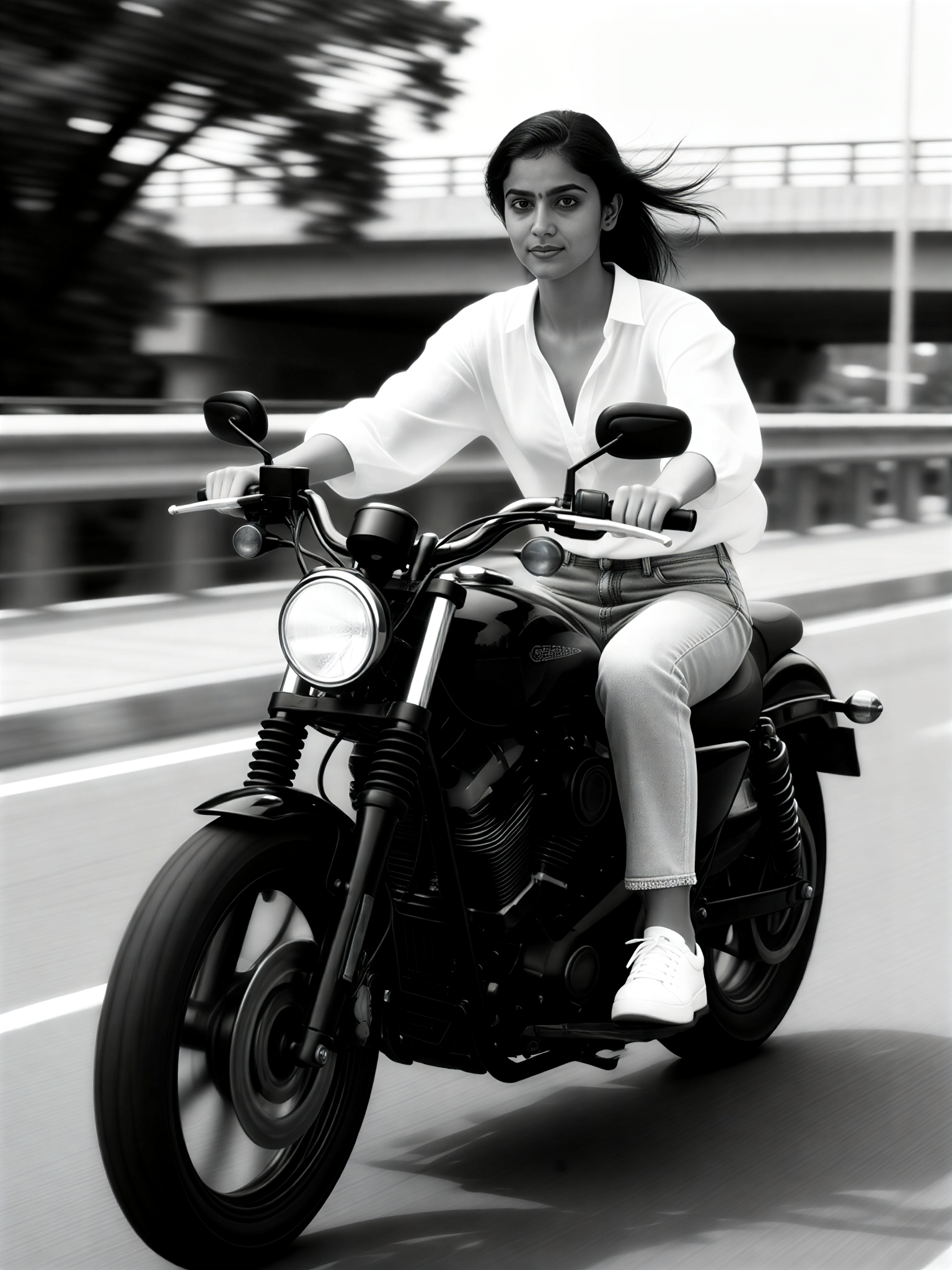 Ein schwarz-weißer Fahrer auf einem Motorrad. image
