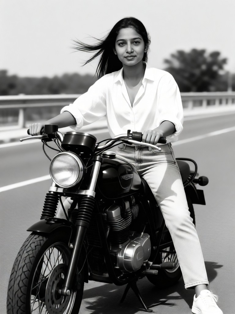 A dashing black-and-white rider on a motorcycle. image