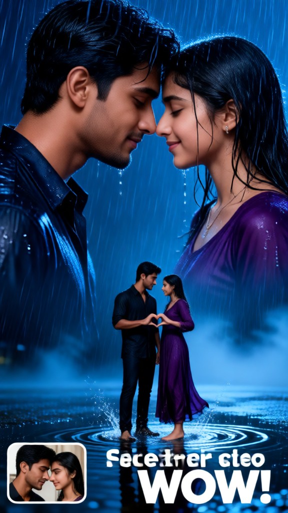 Couple in the rain, bathed in blue tones image