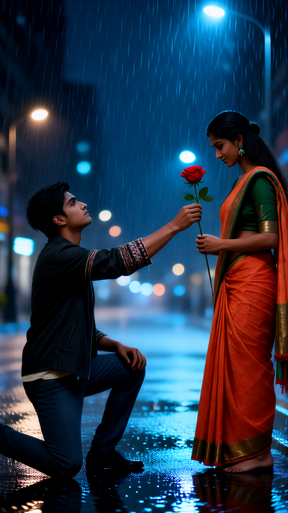 Bluesy street marriage proposal in the rain image