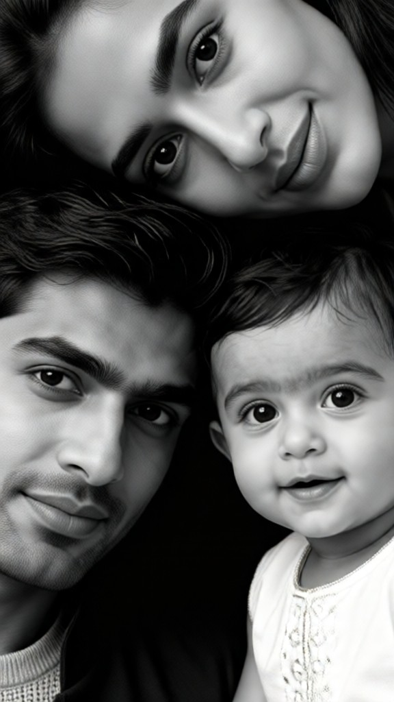 A black-and-white, everyday-style family portrait image