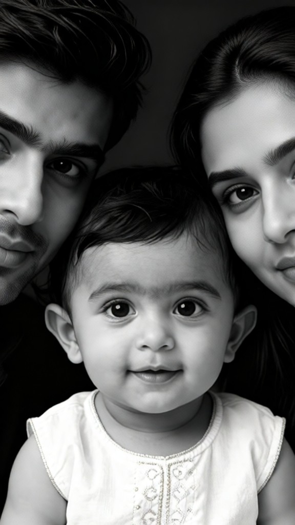 A black-and-white, everyday-style family portrait image