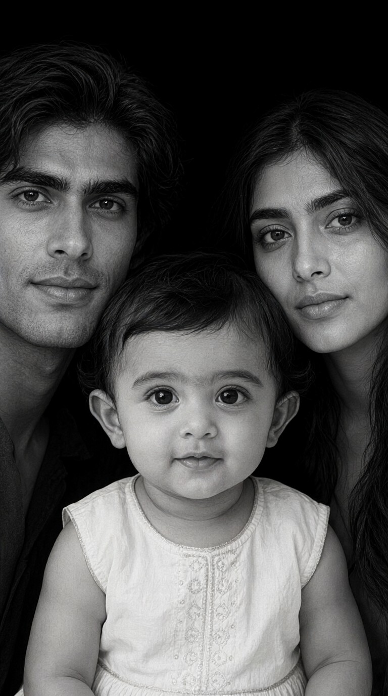A black-and-white, everyday-style family portrait image