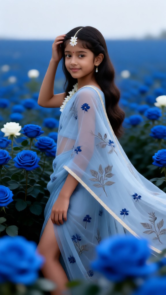 Portrait of a girl in a sea of ​​blue flowers image