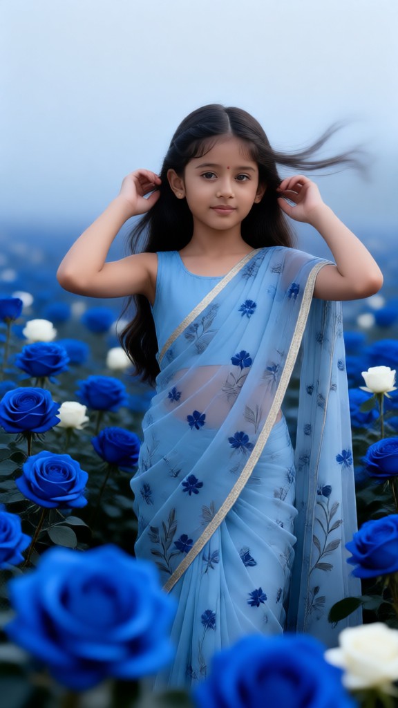Portrait of a girl in a sea of ​​blue flowers image