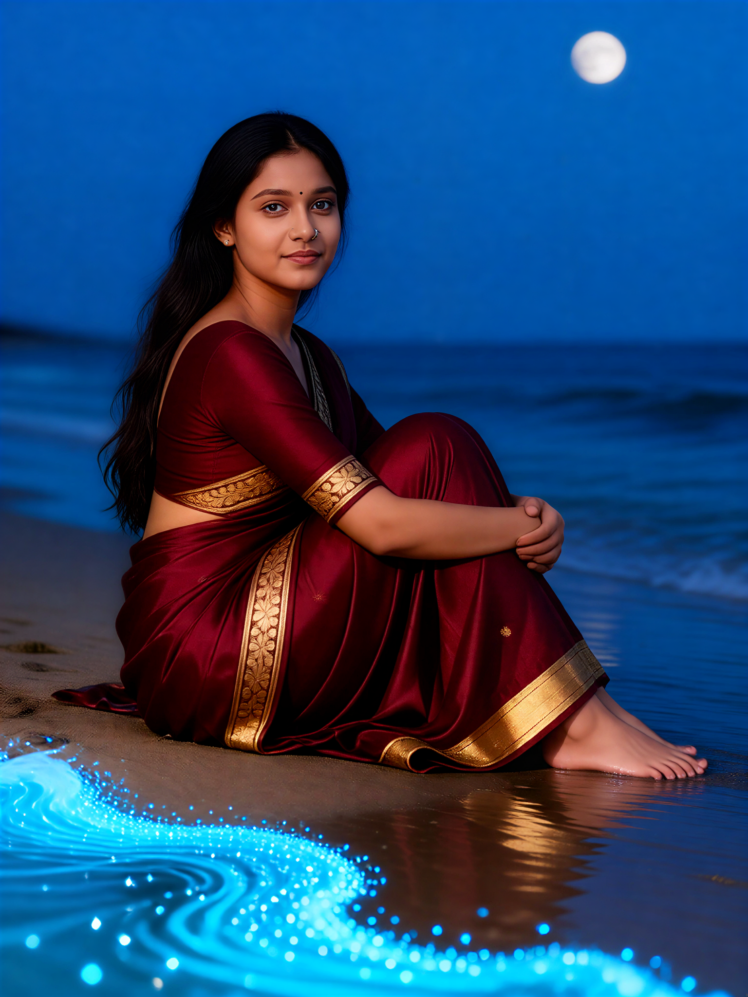 A girl is sitting by the shore of Blue Tears Beach. image