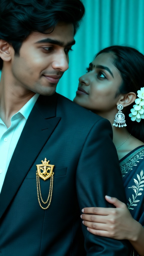 A couple peeking over each other’s shoulders image