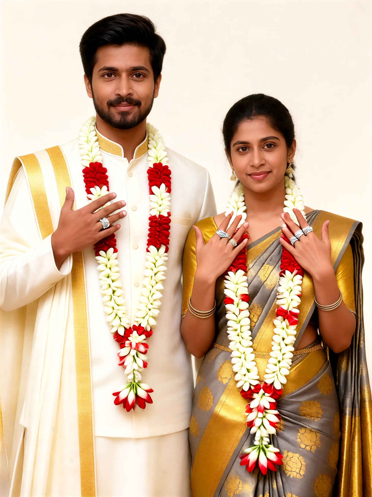 A photo of a couple wearing colorful wedding floral garlands. image