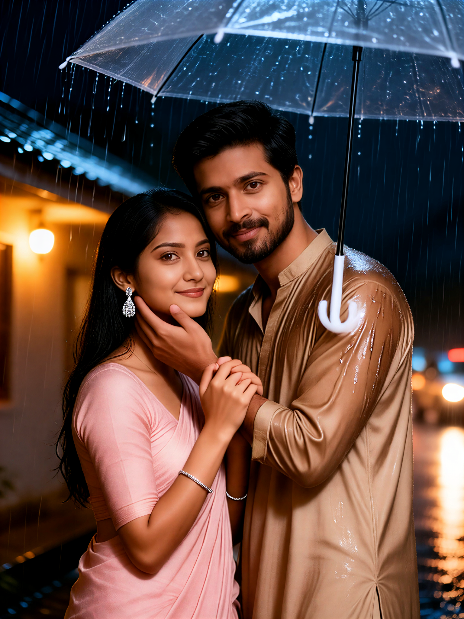 A couple gets soaked in the rain late at night. image