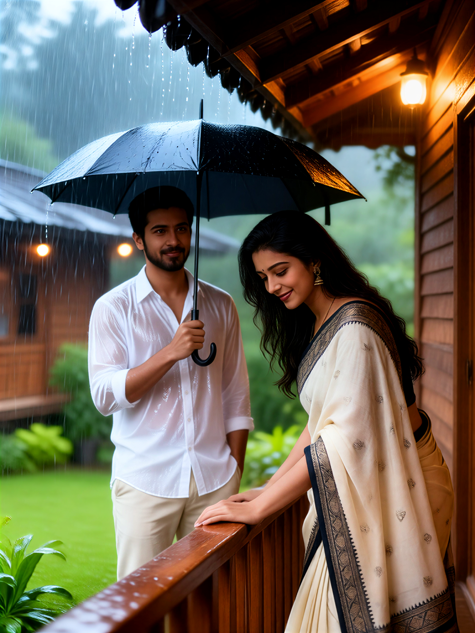 A couple gets soaked in the rain late at night. image