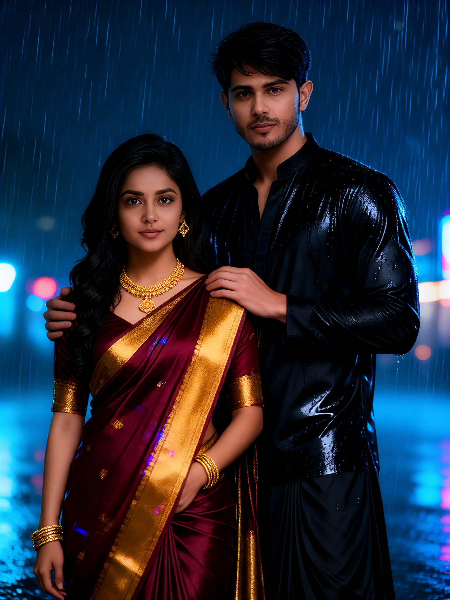 A couple dressed in black, caught in the rain at night. image