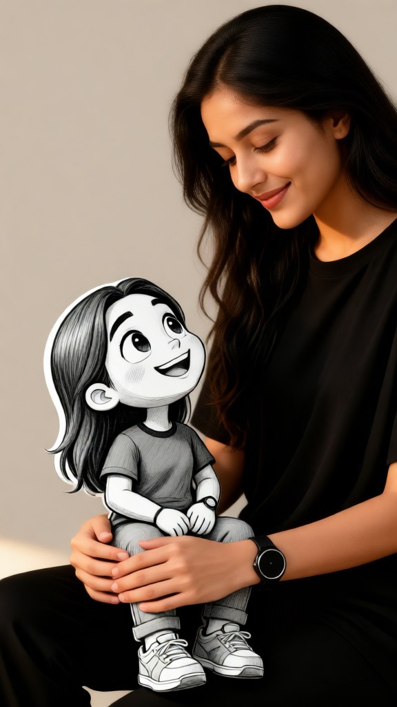Holding a cartoon character image