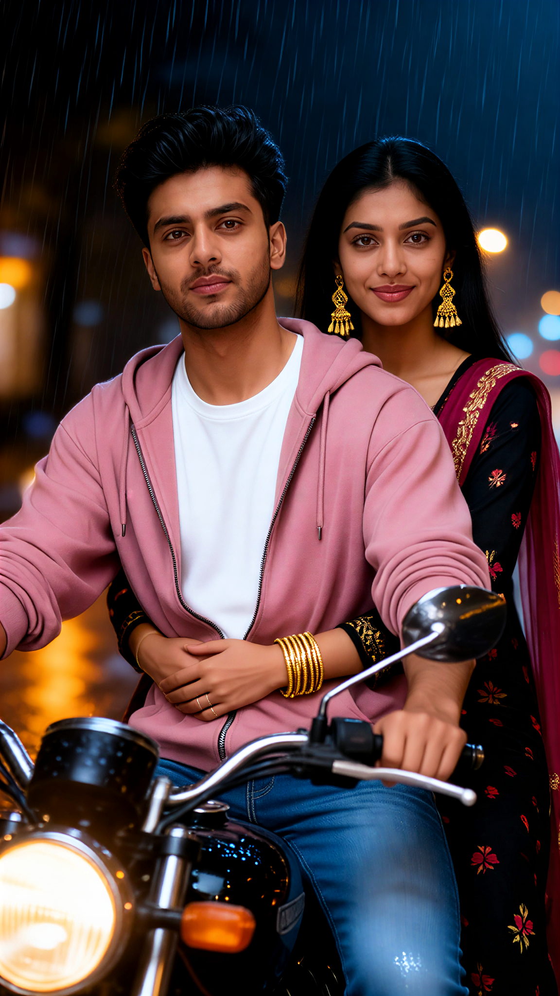 A Couple Riding a Motorcycle in the Rain image
