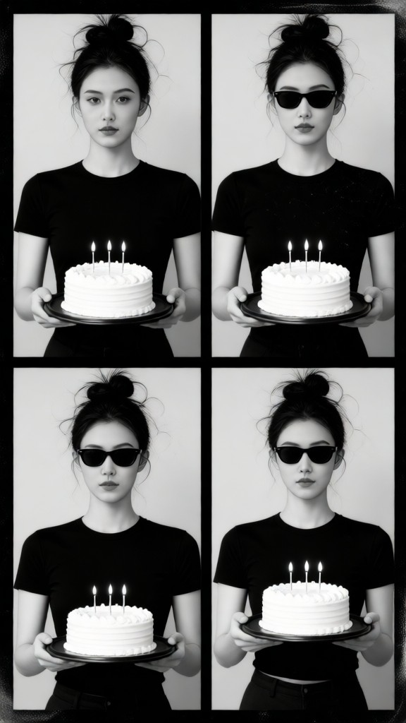 Black-and-white four-panel birthday photos image