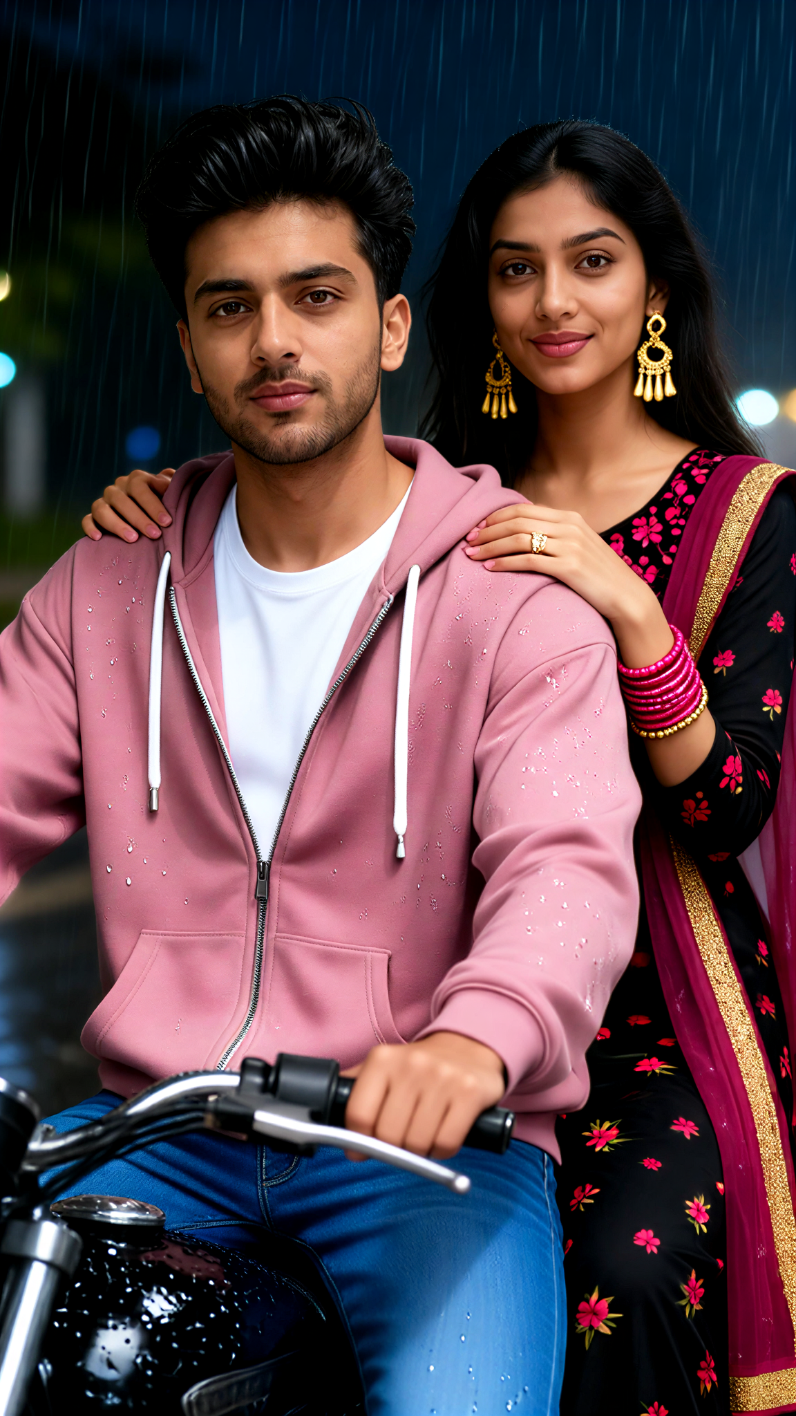 A Couple Riding a Motorcycle in the Rain image