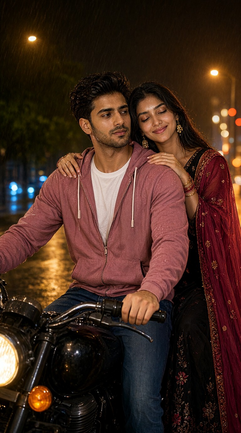 A Couple Riding a Motorcycle in the Rain image