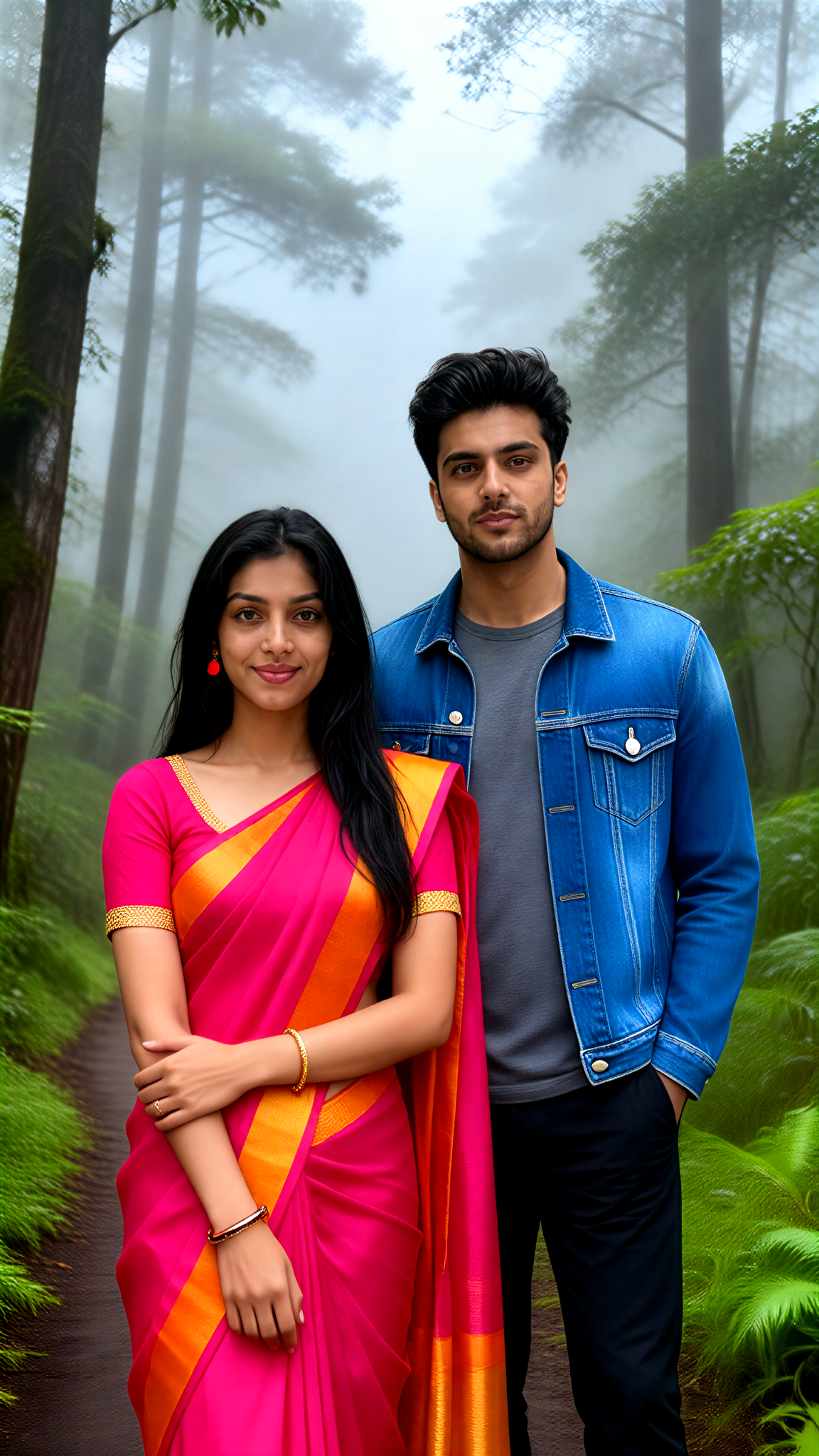 Portrait of a Couple Strolling Through a Misty Forest image